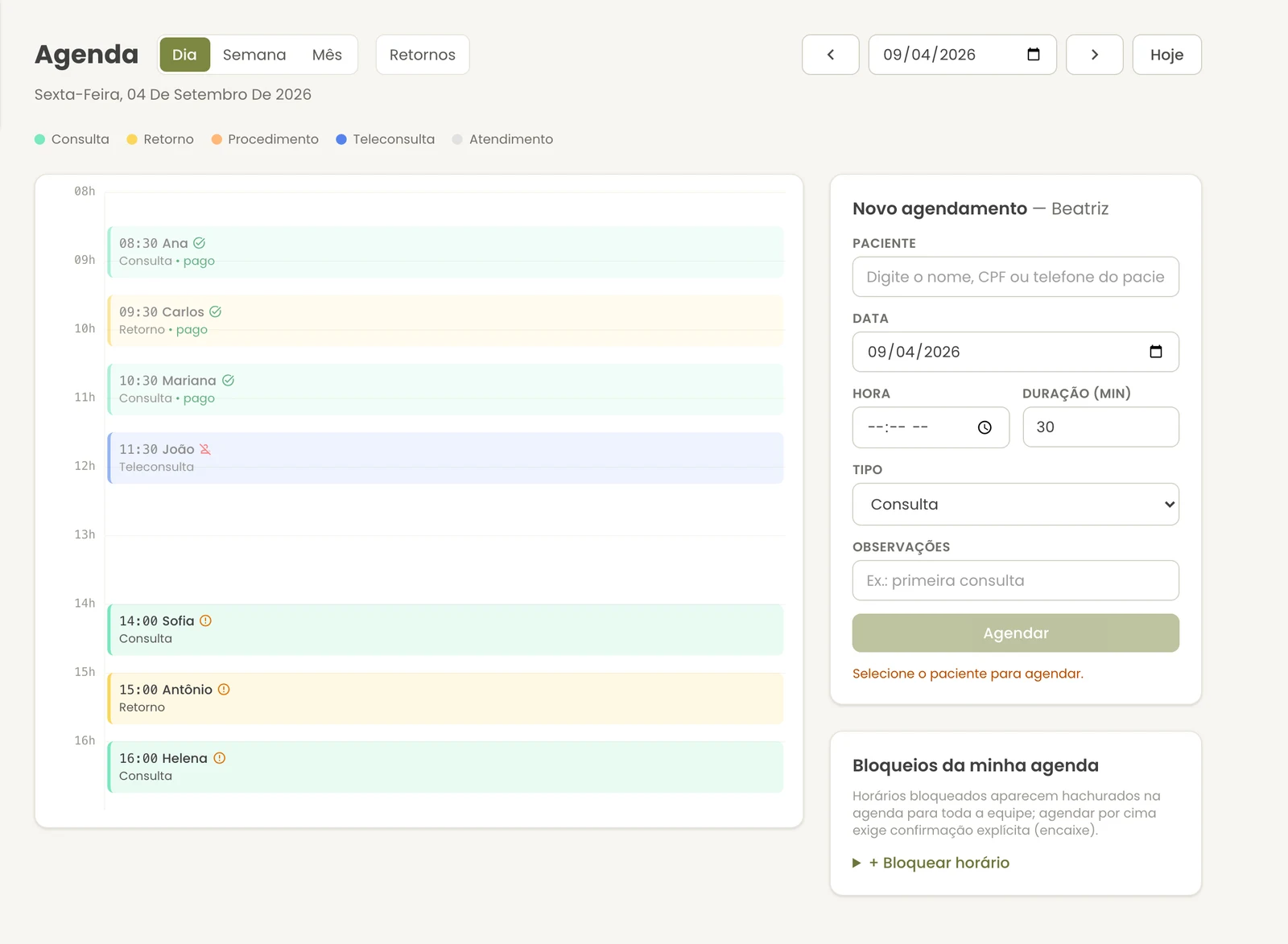 Agenda do notodoc: a coluna do dia com atendimentos coloridos por tipo e status de pagamento, ao lado do formulário de novo agendamento e do card de bloqueios