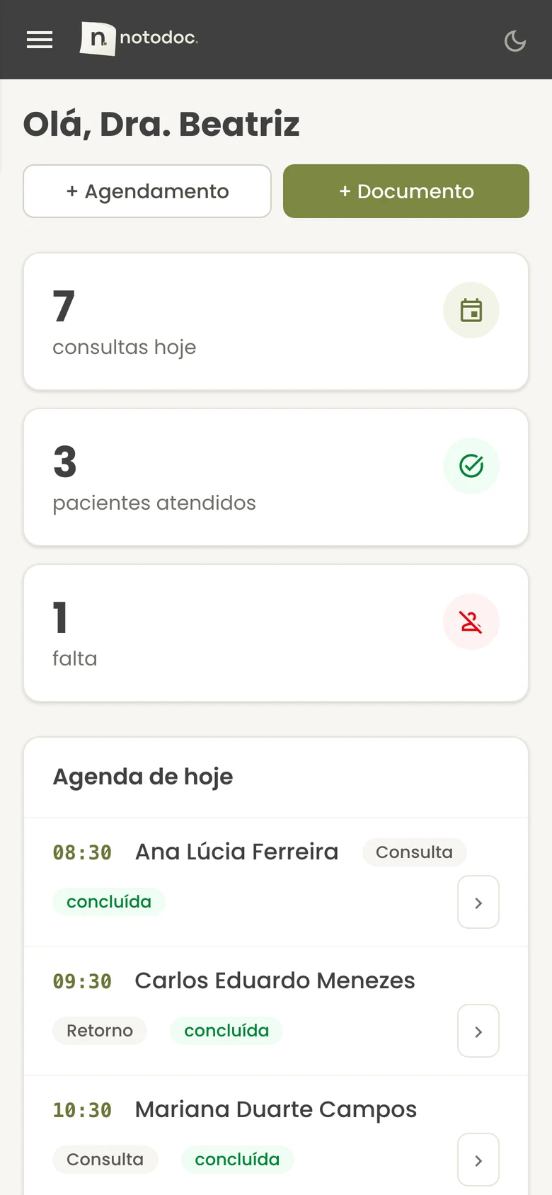 notodoc no celular: tela inicial com as consultas do dia